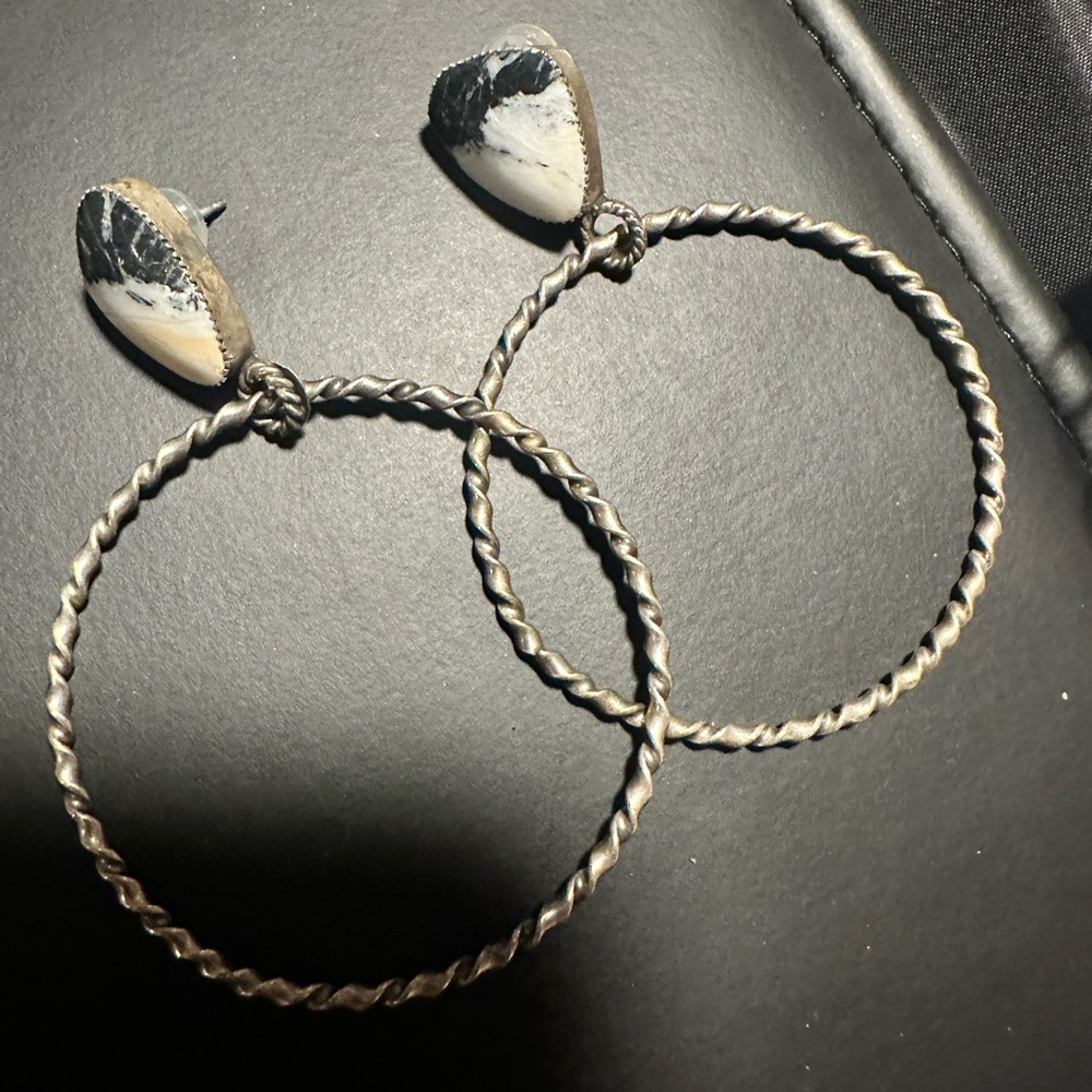 Navajo Sterling, silver twisted hoop, white buffalo stone earrings.